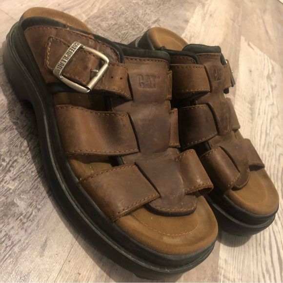 Caterpillar Shoes - CATERPILLAR Y2K Brown Chunky Lug Sole Leather Buckle Strappy Slides Slipper 11